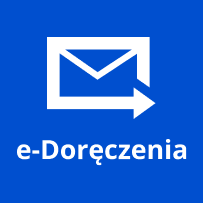Biały napis o treści e-Doręczenia na granatowym tle.