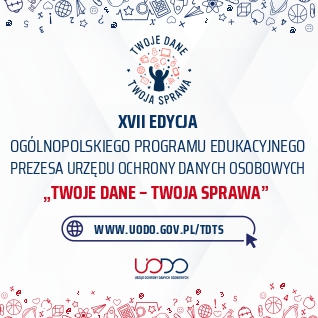 Na białym tle ikona ludzika unoszącego ręce. Wokół niego informacje o UODO.