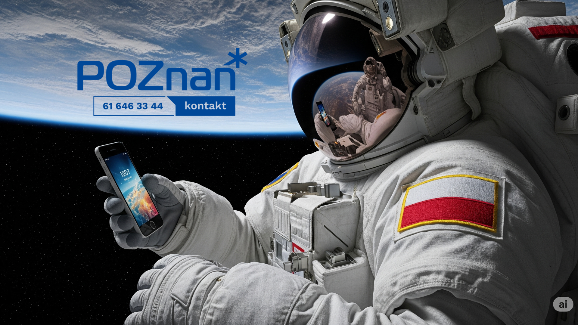 astronauta w przestrzeni kosmicznej z naszywką w barwach flagi Polski trzyma w ręce telefon, w lewym górnym rogu znajduje się logo "POZnan*KONTAKT"