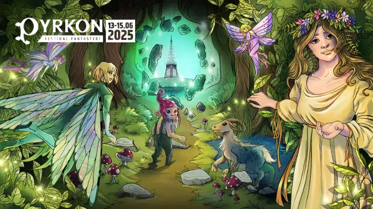 Baner, który reklamuje festiwal fantastyki 13-15 czerwca 2025, bajkowe postacie wróżek i krasnali w bajowym lesie, wśród latających wróżek.