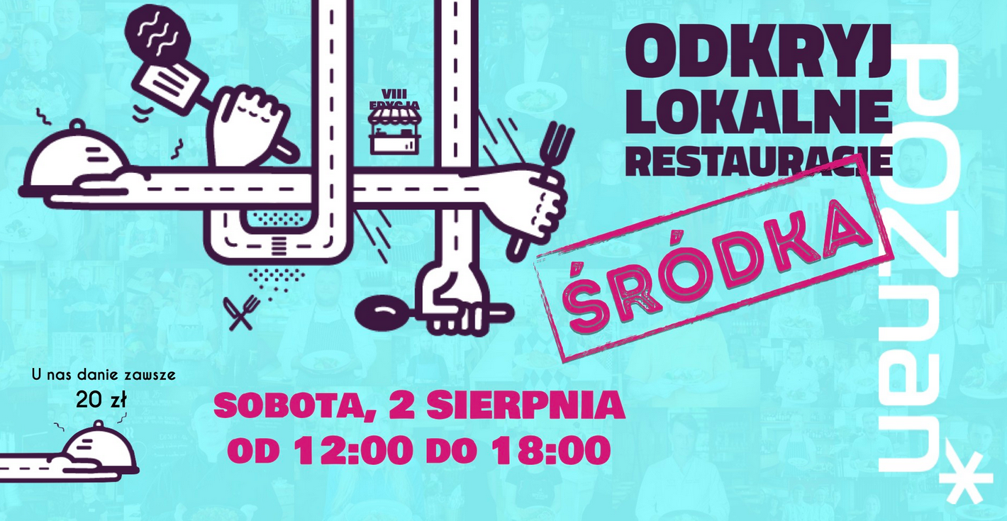 Baner, na niebieskim tle abstraksyjne krzyżujące się ręce trzymające widelec i łyżkę, z boku napisy, które informują o wydarzeniu.