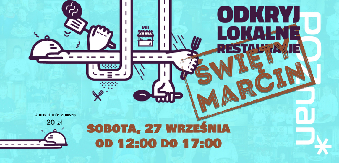 Baner, na niebieskim tle abstraksyjne krzyżujące się ręce trzymające widelec i łyżkę, z boku napisy, które informują o wydarzeniu.