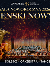 W tle orkiestra na scenie. Nad nimi fajerwerki i nazwa wydarzenia. Na pierwszym planie z lewej strony złoty posąg skrzypka.