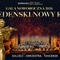 W tle orkiestra na scenie. Nad nimi fajerwerki i nazwa wydarzenia. Na pierwszym planie z lewej strony złoty posąg skrzypka.