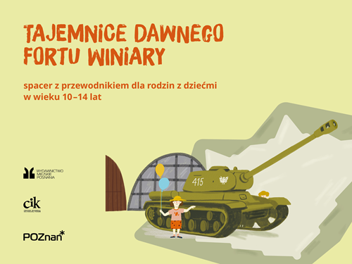 Baner z informacjami o wydarzeniu oraz rysunkiem czołgu i stojącego obok niego dziecka trzymającego dwa balony.