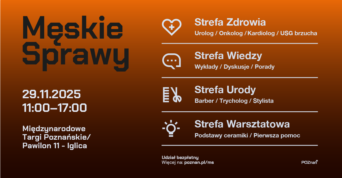 Białe napisy o wydarzeniu, zawarte w treści artykułu, umieszczone na gradientowym, pomarańczowo-brązowym tle. W lewym górym rogu tytuł wydarzenia zapisany czarną czcionką.