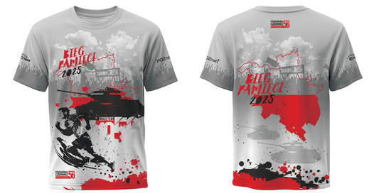 Bieg Czerwca '56 2025 - koszulka - 2 strony koszulki biegu, na kórym jest sylwetka biegacza z symboliczną krwią bohaterów, czerwonym tytułem biegu na szarym tle