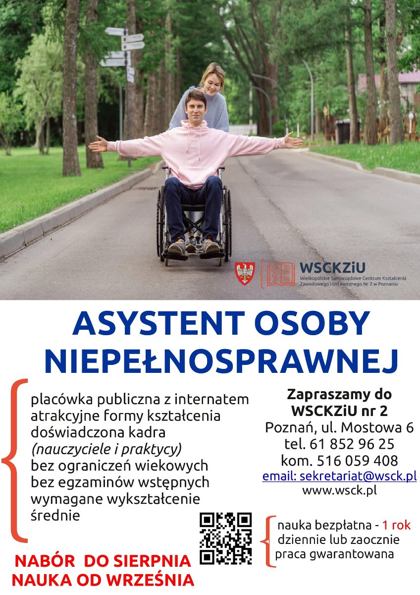 Chłopak na wózku prowadzony przez dziewczynę, pod zgjęciem informacje o naborze