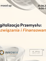 Informacje o śniadaniu biznesowym na bladożółtym tle.