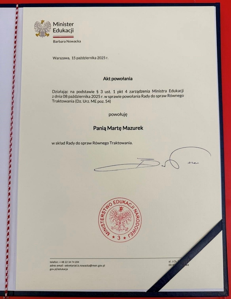 Dokument o powowałniu radnej Marty Mazurek w skład Rady do spraw Równego Traktowania przy Ministerstwie Edukacji Narodowej
