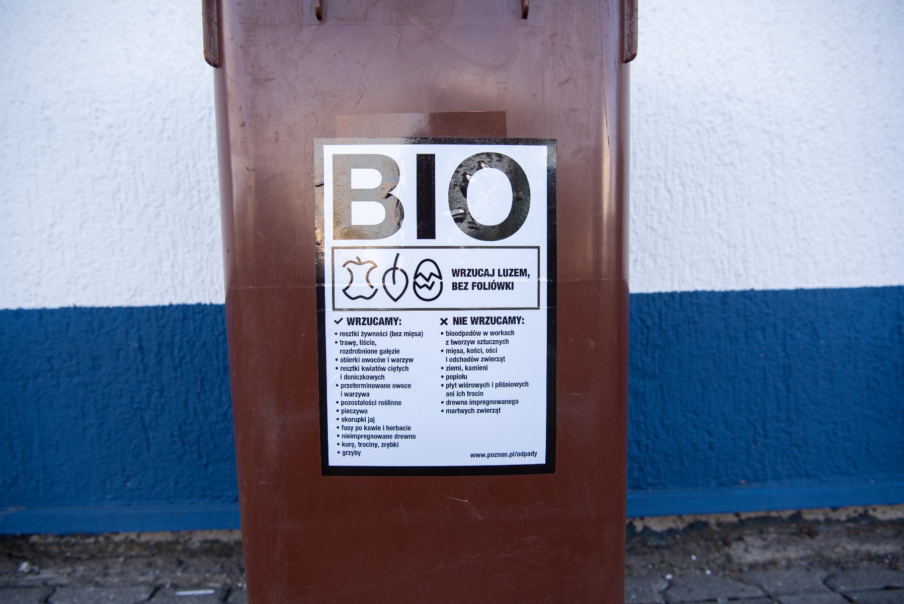Duży, brązowy pojemnik na odpady biodegradowalne. Na jego środku naklejka informacyjna z dużym napisem "BIO" i listą zasad segregacji, w tym nagłówkami w cudzysłowie: "WRZUCAJ: resztki żywności (bez mięsa)", "NIE WRZUCAJ: błyszczących woskach z tworzyw sztucznych". W centralnym miejscu polecenie: "WRZUCAJ LUZEM, BEZ FOLIÓWKI".