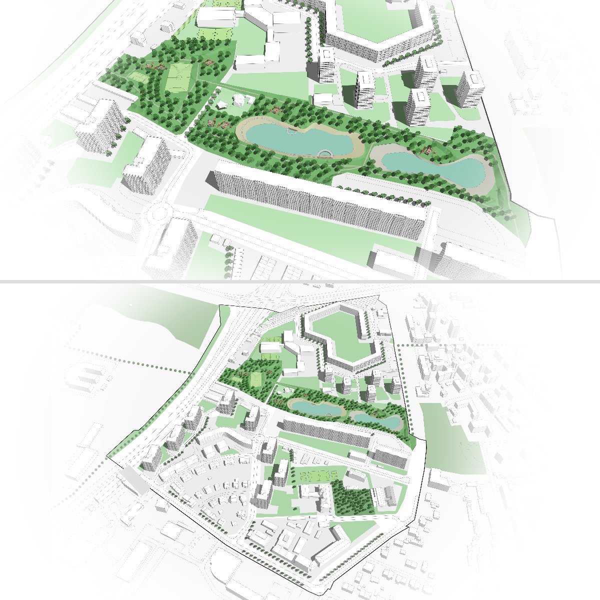 Dwa plany zagospodarowania przestrzennego umieszczone jeden nad drugim, przedstawiające ten sam obszar w perspektywie architektonicznej
