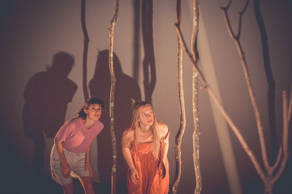 Dwie kobiety pochylają się wśród młodych drzew. Na ścianie widać ich cienie.