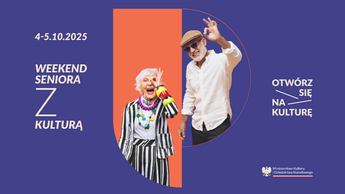 Dwoje roześmianych seniorów, kobieta na pomarańczowym tle i mężczyzna na fioletowym tle. Obydwoje pokazują dłońmi znak "okej", kciuk i palec wskazujący tworzą kółko.