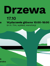 Plakat z zielonym drzewem. W tle biały budynek muzeum.