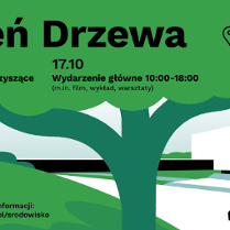 Plakat z zielonym drzewem. W tle biały budynek muzeum.