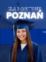 Grafika promująca wydarzenie "Erasmus Tour Poznań" Uniwersytetu im. Adama Mickiewicza. Na środku osoba w todze i birecie, data wydarzenia: 17 września, godz. 10:00, oraz przycisk "Zapisz się".