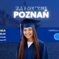 Grafika promująca wydarzenie "Erasmus Tour Poznań" Uniwersytetu im. Adama Mickiewicza. Na środku osoba w todze i birecie, data wydarzenia: 17 września, godz. 10:00, oraz przycisk "Zapisz się".