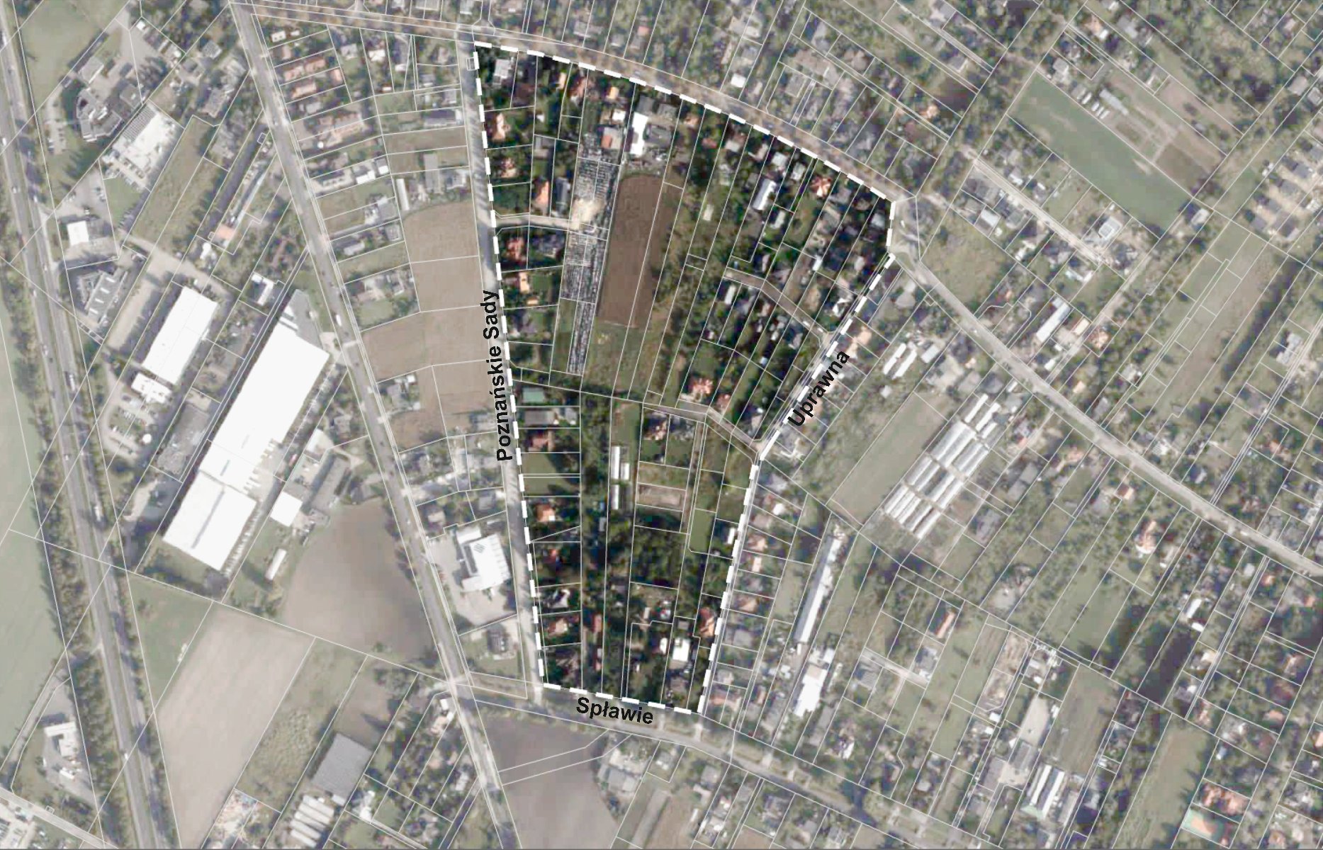 Fragment mapy miasta z zaznaczoną granicą projektu planu.