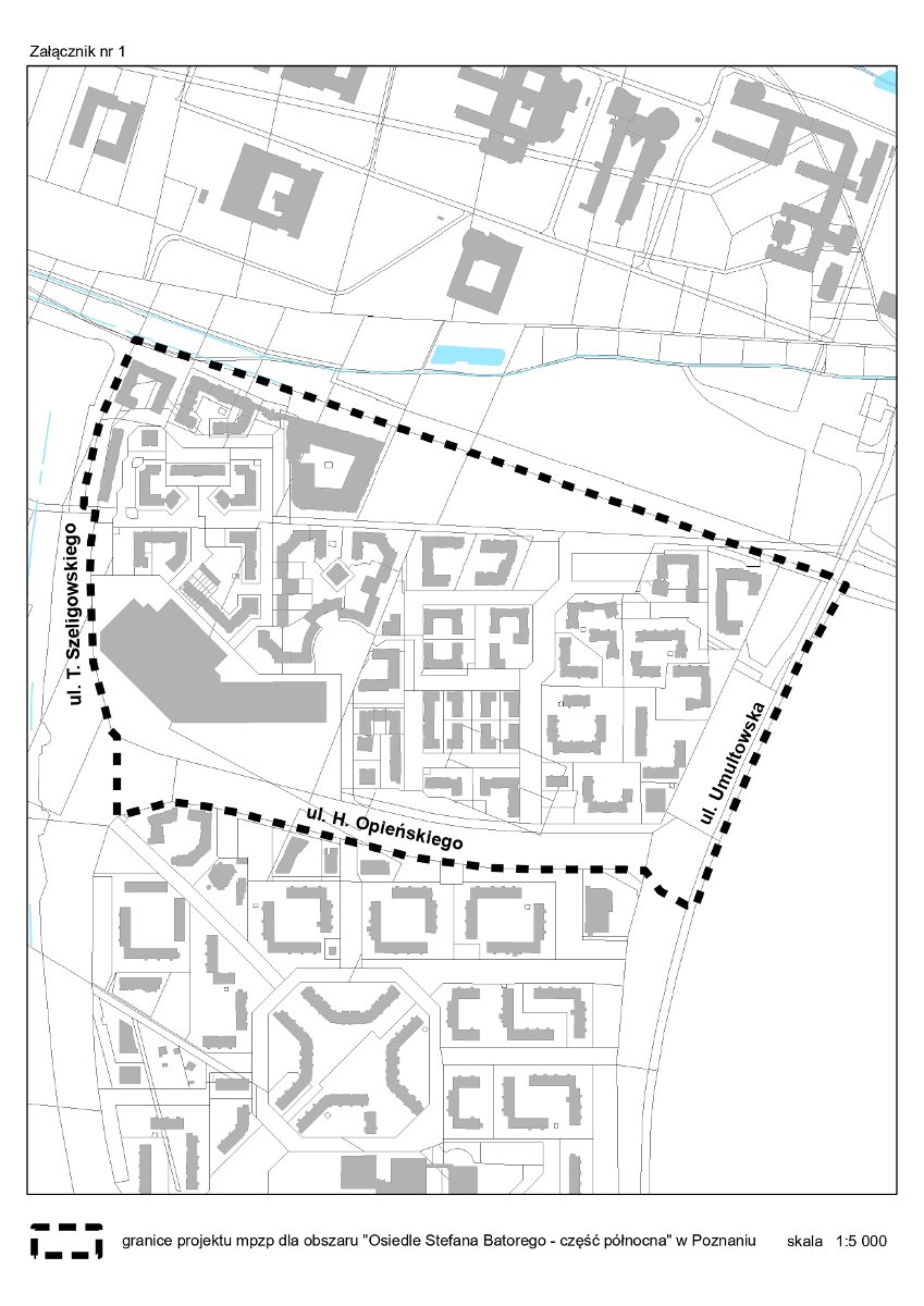 Fragment planu Poznania - obrys budynków i ulic znajdujących się w pobliżu osiedla Stefana Batorego z zaznaczonymi granicami projektu mpzp w rejonie "Osiedle Stefana Batorego - część północna" w Poznaniu.