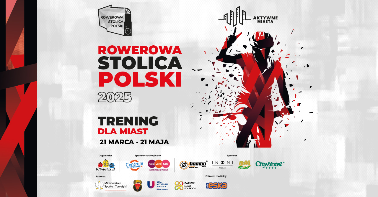 Grafika do tegorocznej edycji treningu przed Rowerową Stolica Polski - rowerzysta pokazuje znak V, tekst zapraszający na trening i loga sponsorów