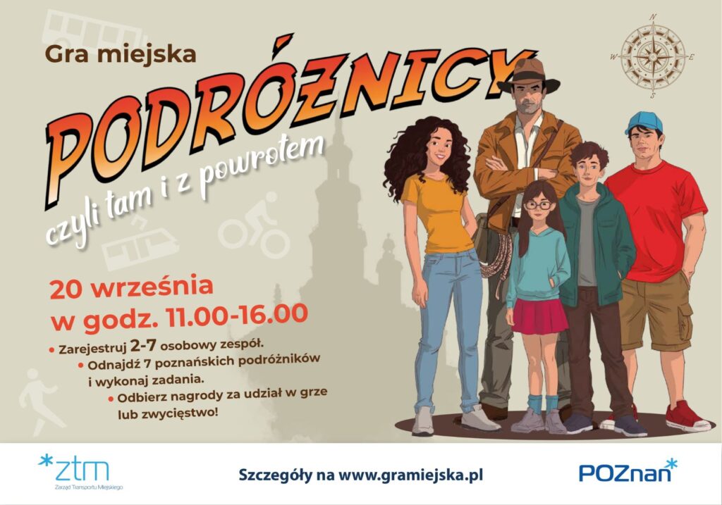 Grafika dotycząc gry miejskiej z rysunkami ważnych budynków w Poznaniu