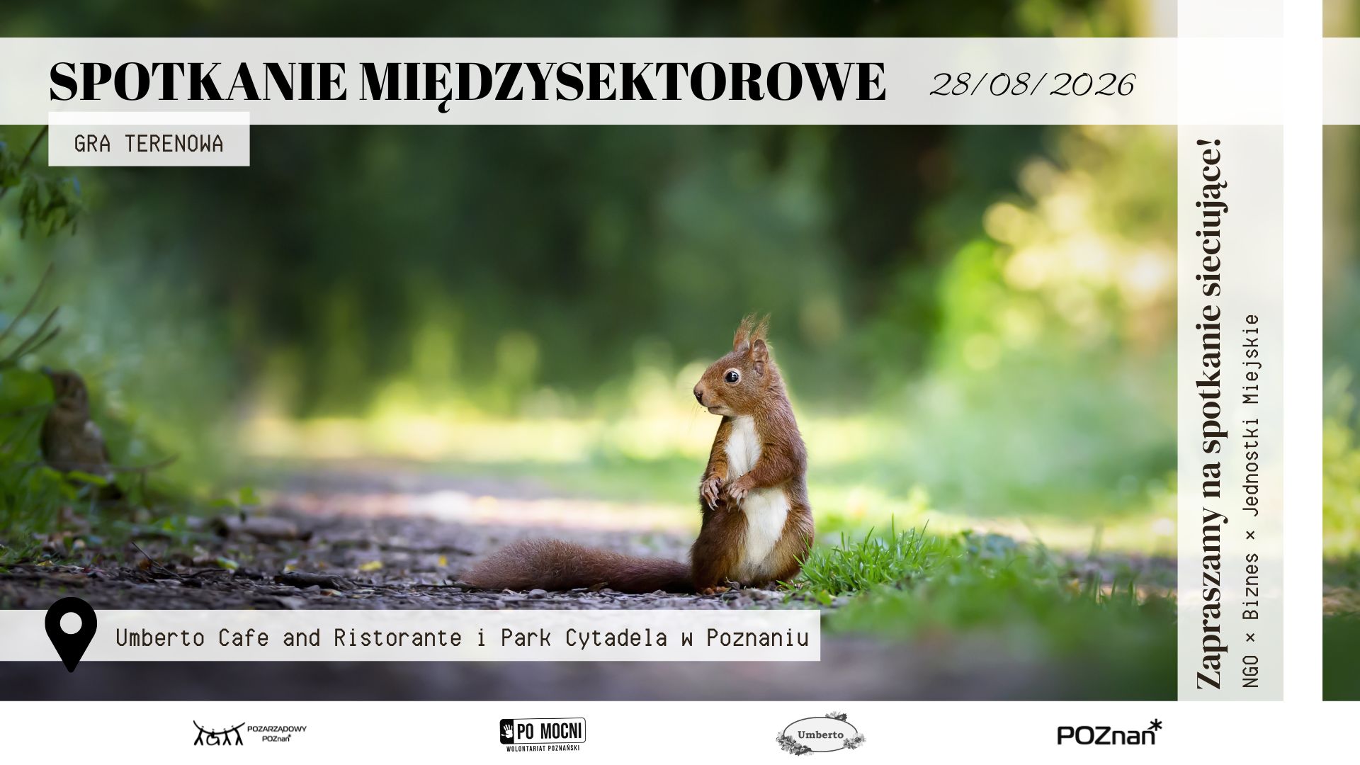 Grafika informacyjna dotycząca spotkania międzysektorowego, na zdjęciu znajduje się wiewiórka w parku :)