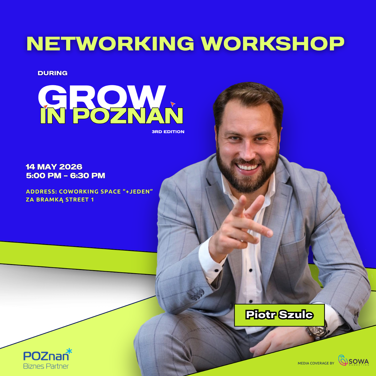 Grafika informująca o networkingu- na grafice Piotr Szulc- prowadzący networking oraz informacje o wydarzeniu