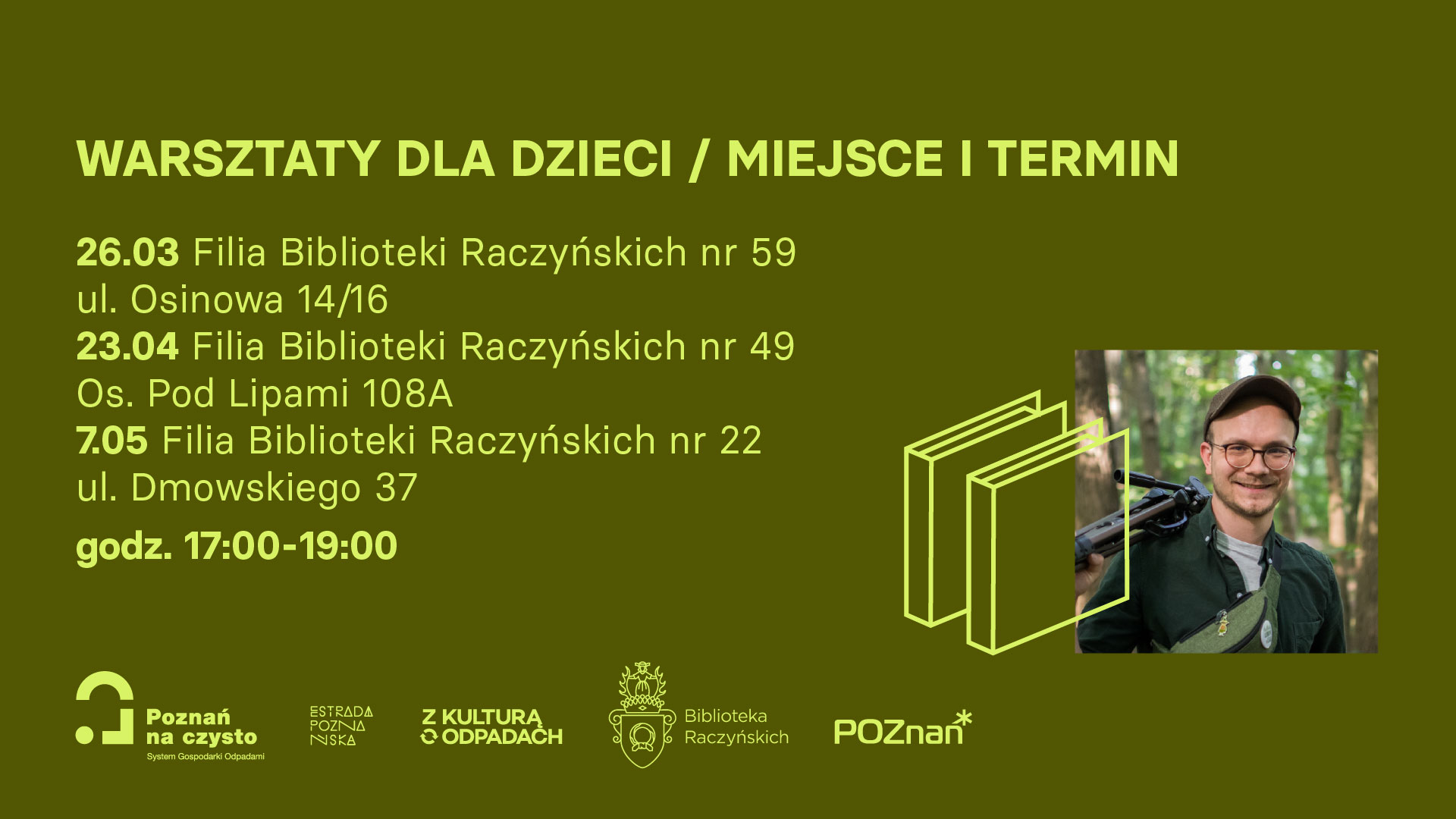 Grafika jest plakatem zapraszającym do udziału w spotkaniach "Trzy popołudnia z Polą", które odbędą się w filiach Biblioteki Raczyńskich