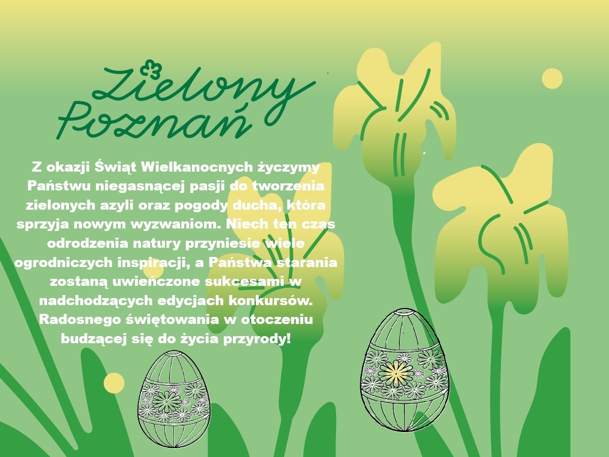grafika konkursu na zielonym tle kwiat, którego płatki symbolizują działania na rzecz ekologii niezależnie od wieku z życzeniami świątecznymi i motywami okraszane pisankami.Grafika WDGIR