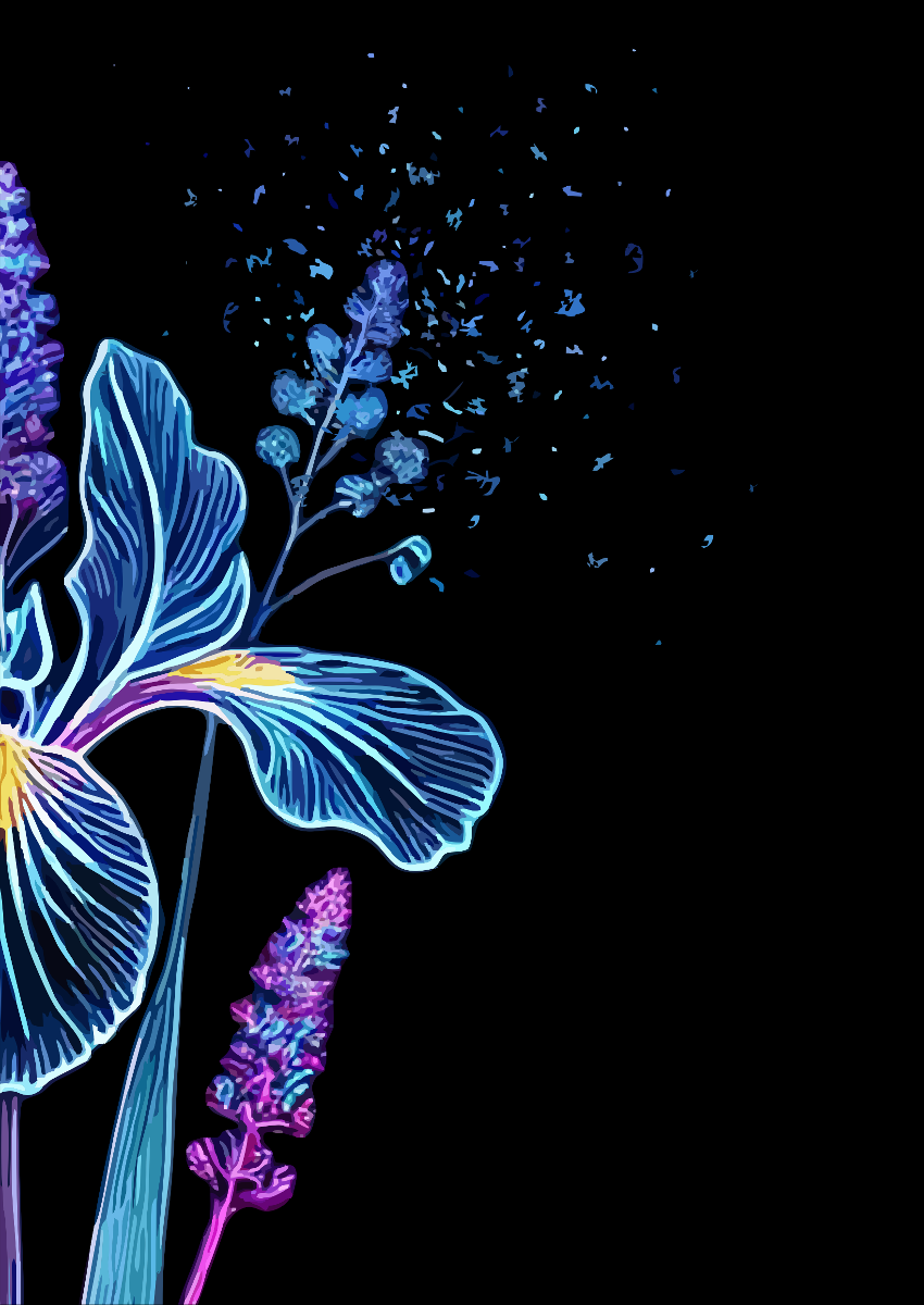Grafika. Kontury kwiata, przypominające irysy i powiewające pyłki.