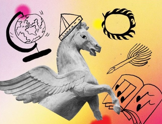 Grafika, na głównym planie statuetka pegaza w papierowej czapce, dookoła którego jakby krążą schematyczne rysunki: globusa, pióra, wieńca laurowego czy książki z nutami.