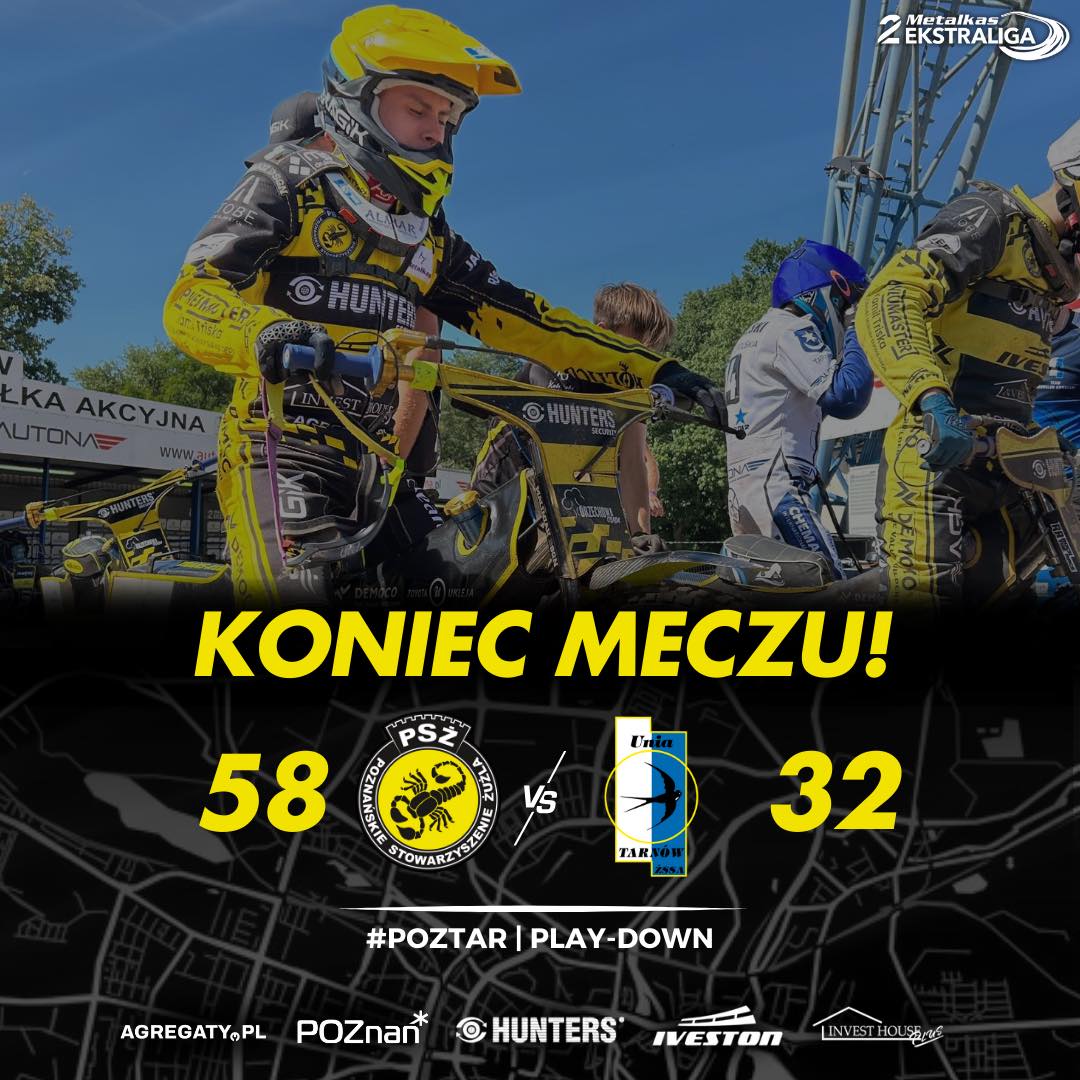 Grafika na koniec meczu PSŻ Poznań, fot. Facebook PSŻ Poznań - na pierwszym planie na czarnej planszy wynik meczu, a w tle zdjęcie dwóch żużlowców na motocyklu