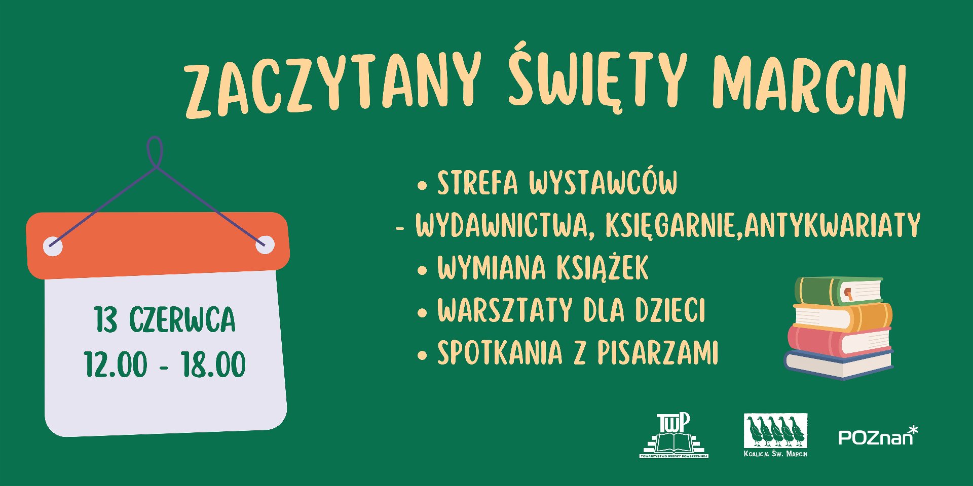 Grafika. Na zielonym tle napisy: zaczytany Święty Marcin i wypisane atrakcje zawarte w tekscie. Obok rysunki książek.