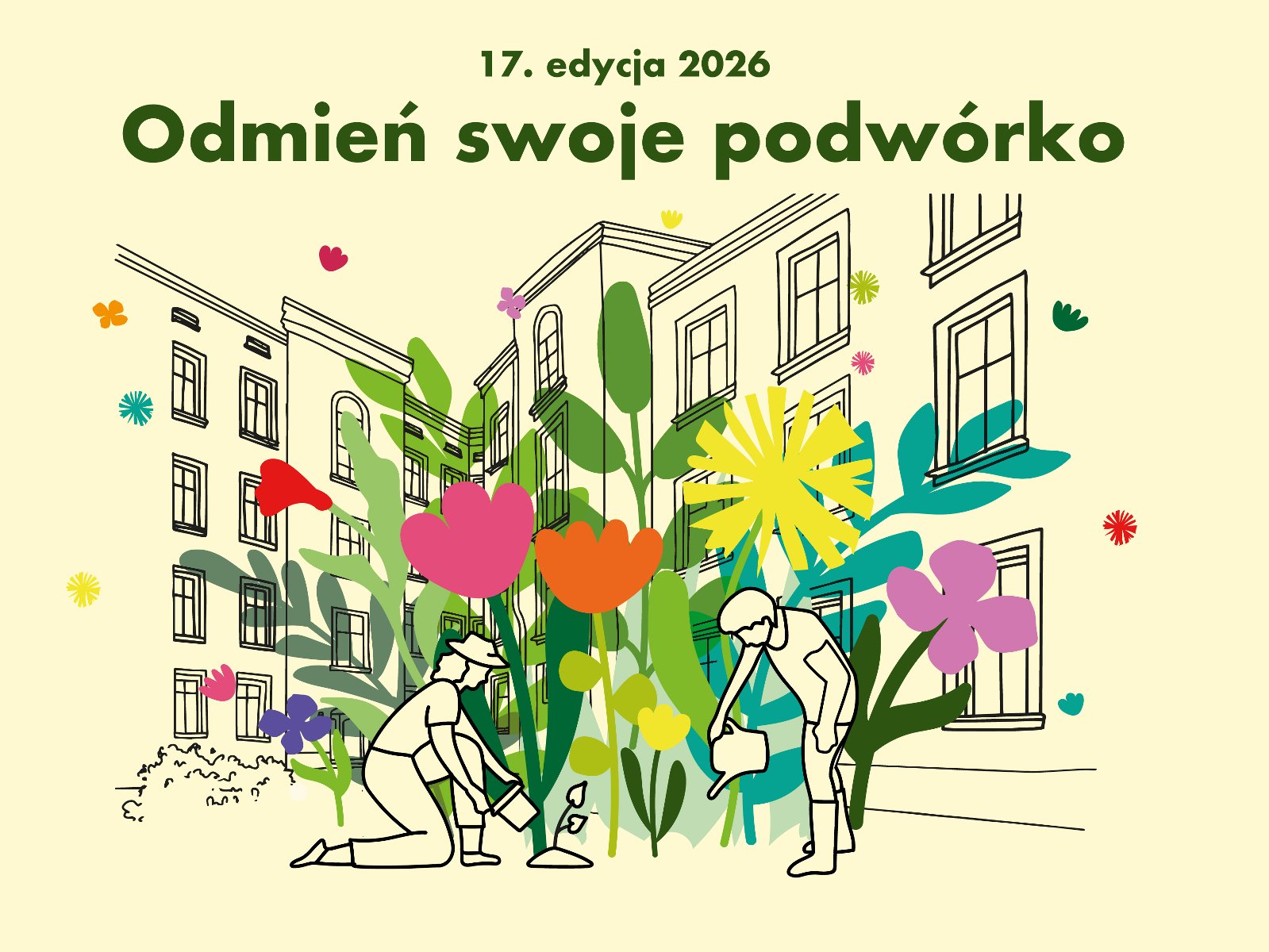 Grafika. na żółtym tle widnieje zielony napis: Odm,ień swoje podwórko. Pod nim znajduje się szkic postaci ludzkich na tel zarysu konienic.
