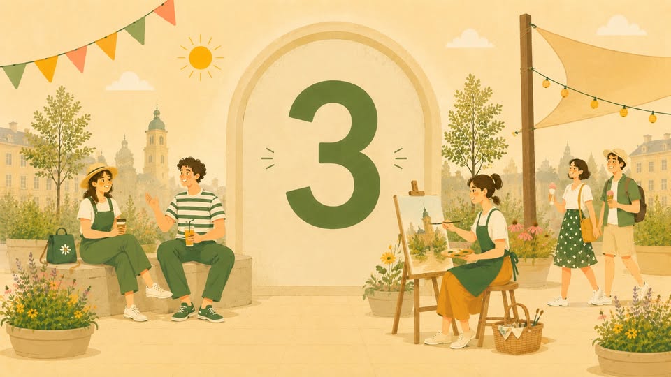 Grafika. Na żółtym tle wielka zielona cyfra 3. Obok niej postacie ludzkie. W tle ozdobne lamki, zabudowania starego miasta.