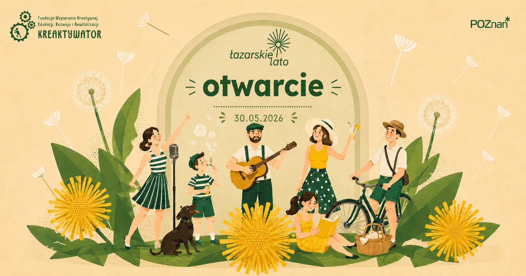 Grafika. Na żółtym tle wśród narysowanych postaci - grający na różnych ionstrumentach ludzie - nad nimi napis: łazarskie lato otwarcie 30.05.2026