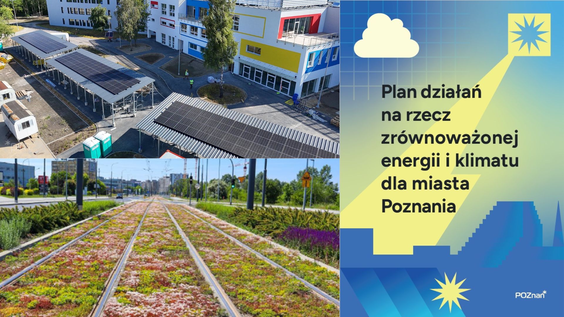 Grafika po prawej stronie zawiera okładkę "Planu działań na rzecz zrównoważonej energii i klimatu dla miasta Poznania". W lewym górnym rogu znajduje się zdjęcie paneli fotowoltaicznych zamontowanych na wiatach roweowych przy ZSP nr 20. W lewym dolnym rogu znajduje się zdjęcie zielonego torowiska z rozchodnikiem (grafika z autobusem była lepsza).