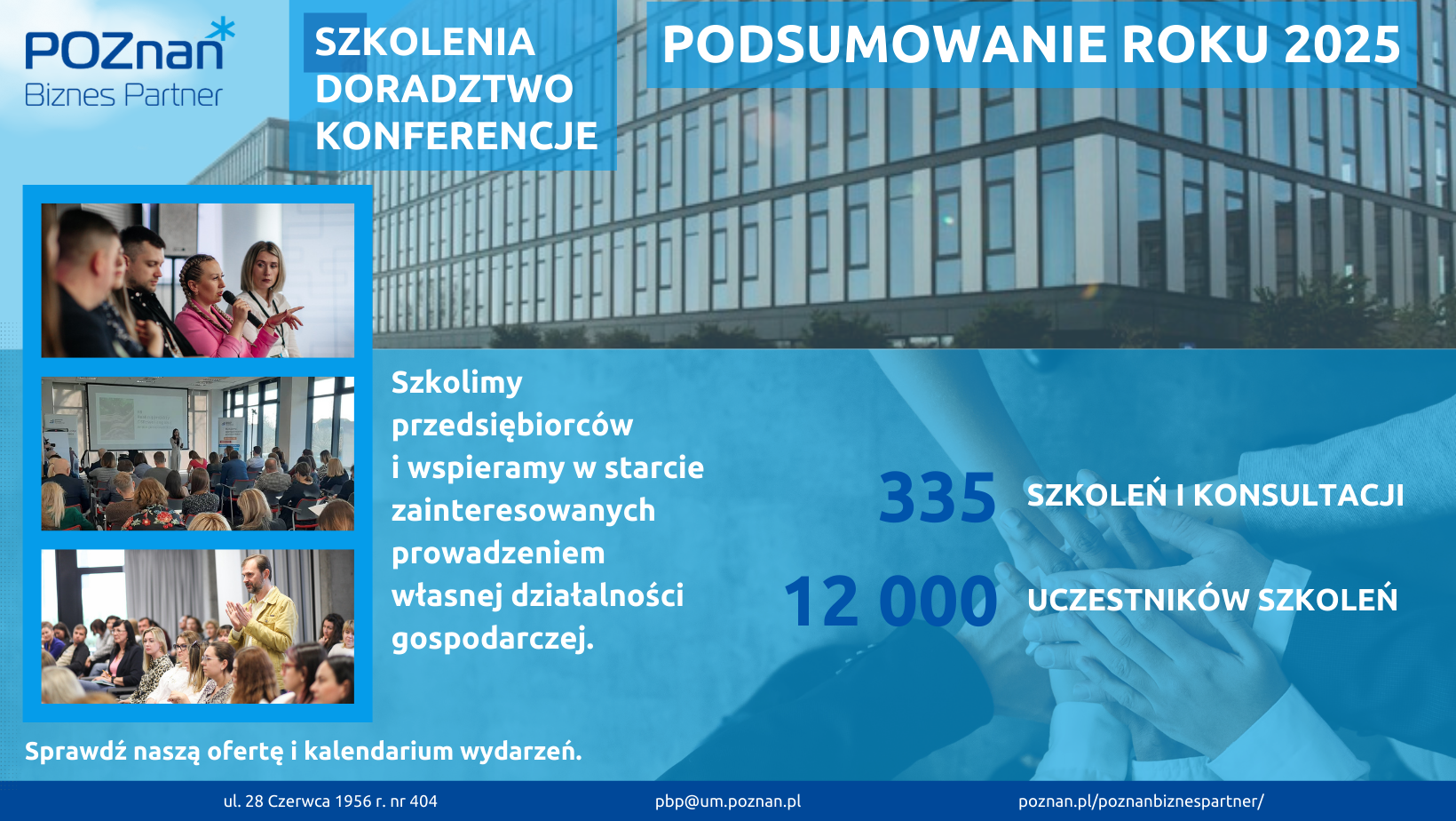 Grafika Poznań Biznes Partner, podsumowanie roku 2025: 335 szkoleń i konsultacji, 12 000 uczestników.