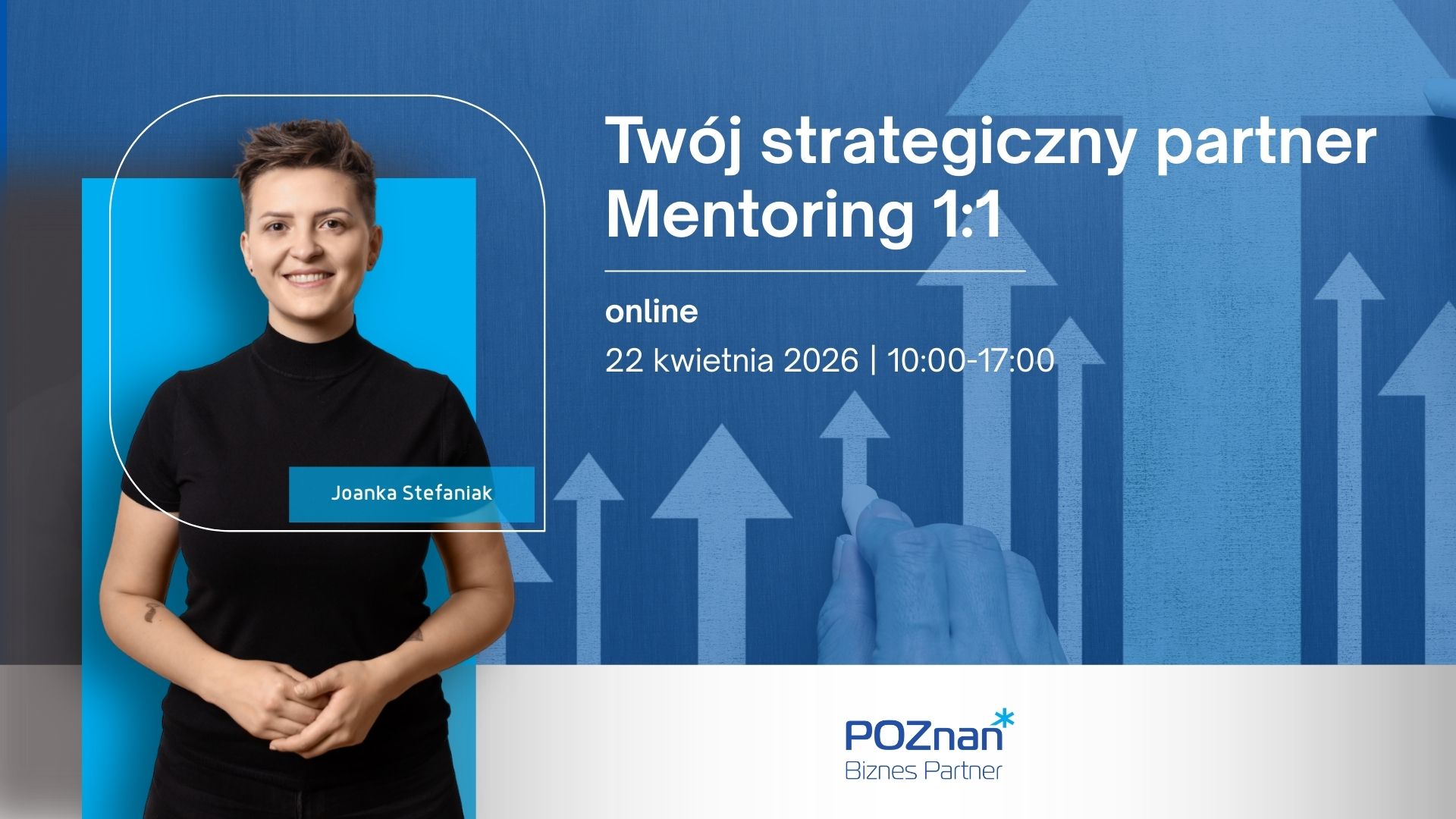 Grafika promocyjna konsultacji doradczych.Na zdjęciu prowadząca Joanka Stefaniak. W tle strzałki pokazujące rozwój.