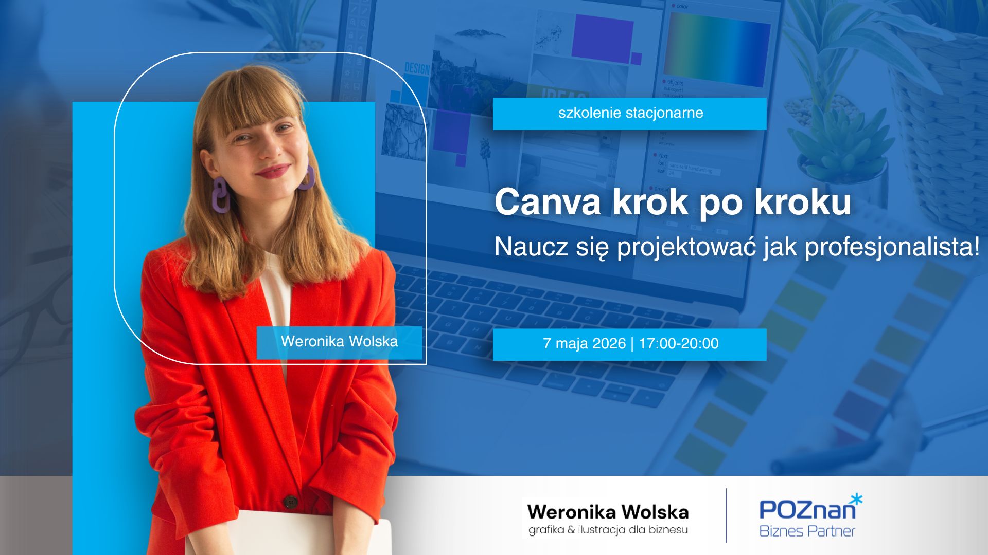 Grafika promocyjna szkolenia pt. Canva krok po kroku. Naucz się projektować jak profesjonalista!. W tle komputer.
