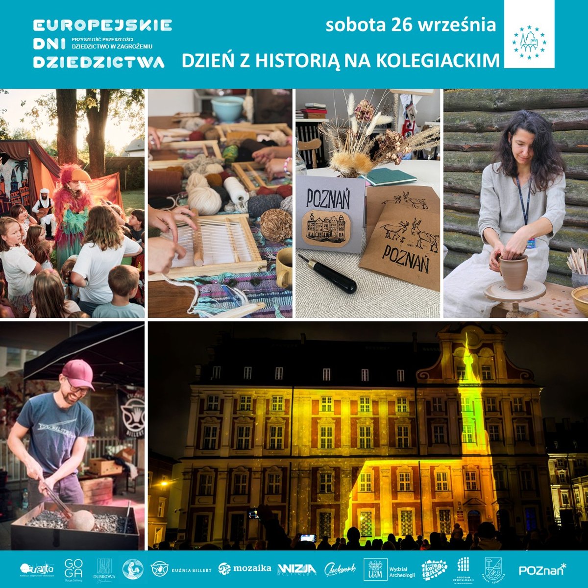 Grafika promocyjna wydarzenia Dzień z historią na kolegiackim; widoczne są zdjęcia rzemieślników którzy będą obecni na wydarzeniu oraz budynek Urzędu Miasta Poznania