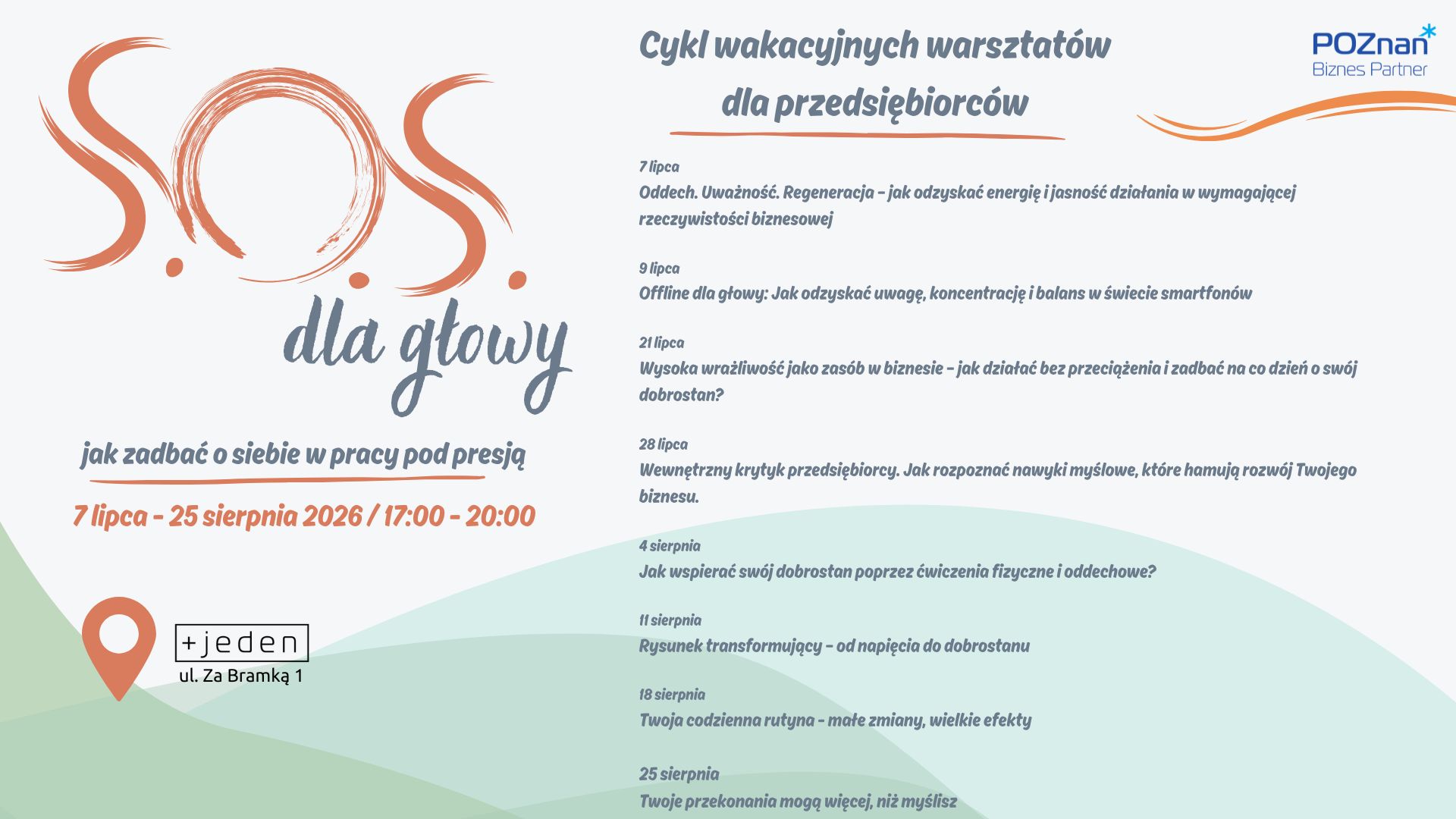 Grafika promująca cykl warsztatów "S.O.S. dla głowy - jak zadbać o siebie w pracy pod presją"