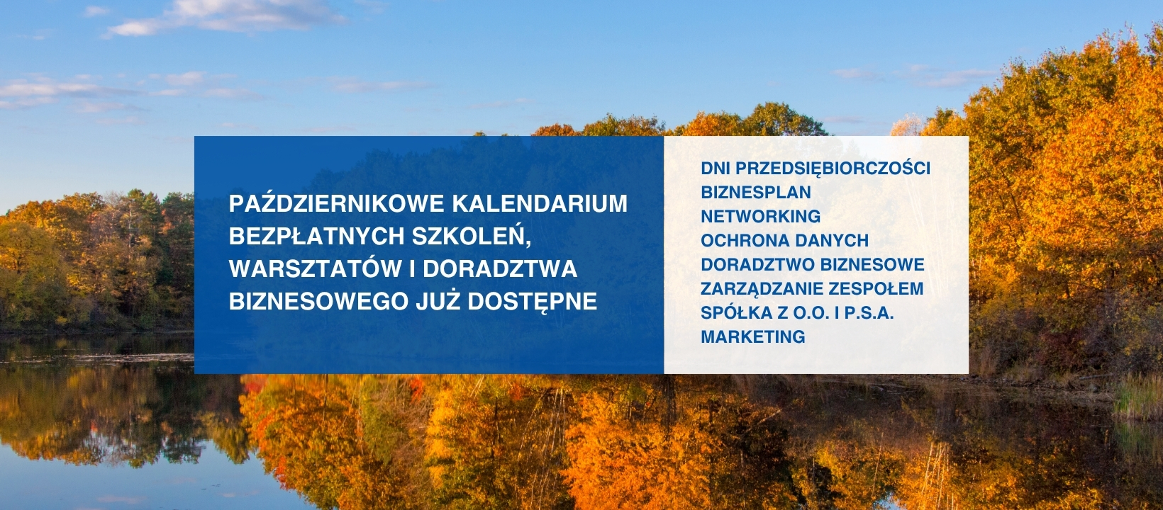 Grafika promująca kalendarium. W tle jezioro i las w jesiennych barwach. Na pierwszym planie dwie plansze w kolorach białym i granatowym a na nich napisy informujące.