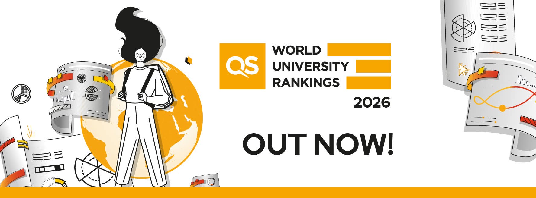 Grafika promująca ranking "QS World University Rankings 2026" z napisem "Out now!"; na ilustracji stylizowana postać z plecakiem stoi na tle globu, a wokół niej unoszą się arkusze z wykresami i danymi.