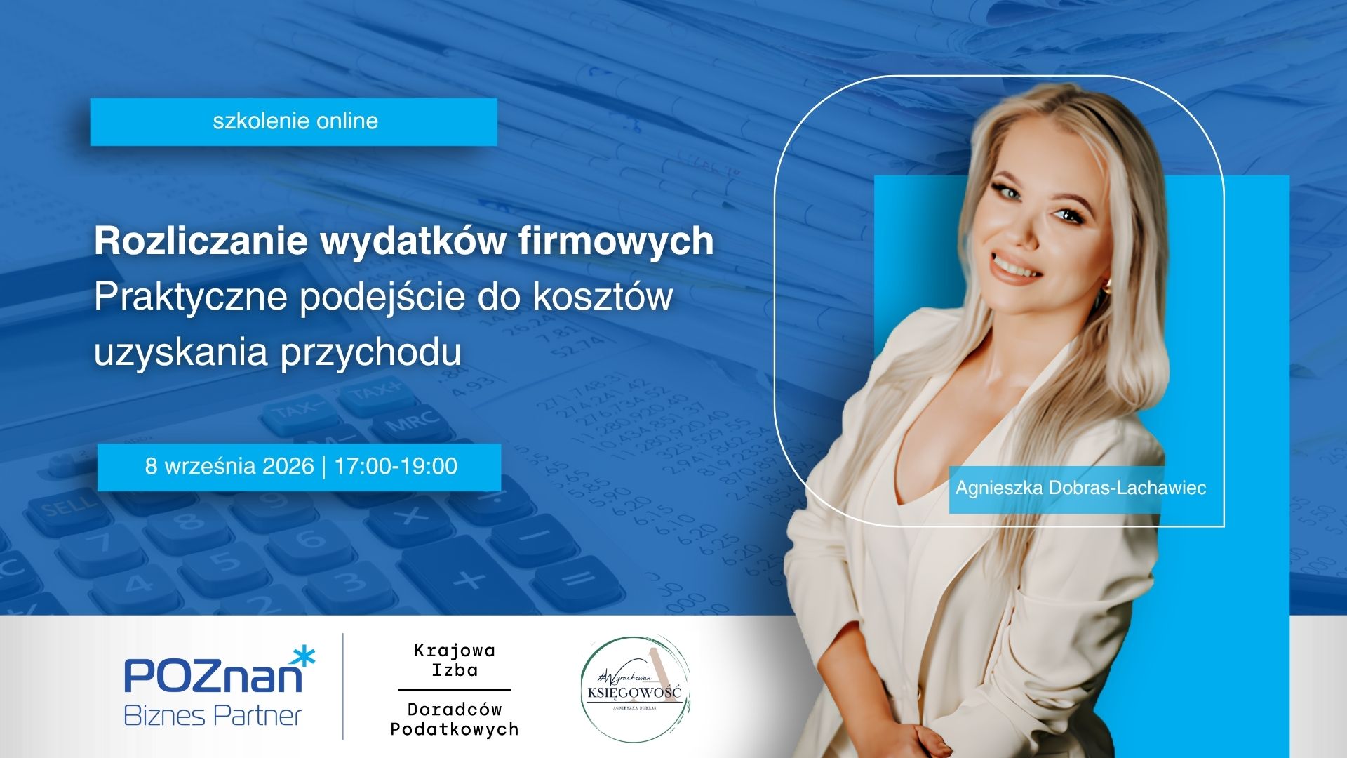 Grafika promująca szkolenie pt. Rozliczanie wydatków firmowych - praktyczne podejście do kosztów uzyskania przychodu. W tle dokumenty