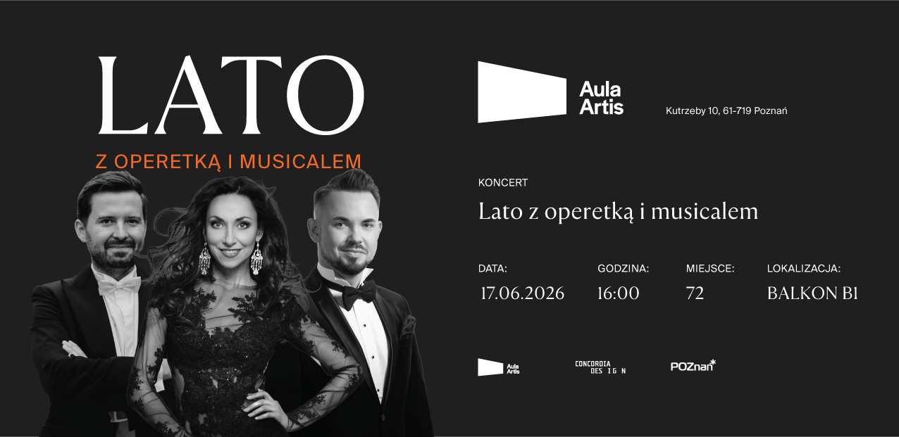 Grafika przedstawia artystów koncertu "Lato z Operetką i Musicalem" na ciemnym tle wraz z informacjami o koncercie.