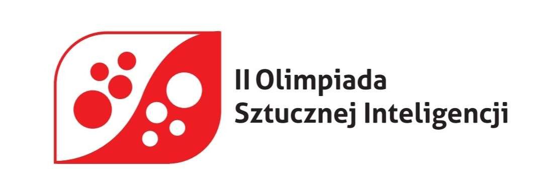 Grafika przedstawia czerwone logo olimpiady sztucznej inteligencji