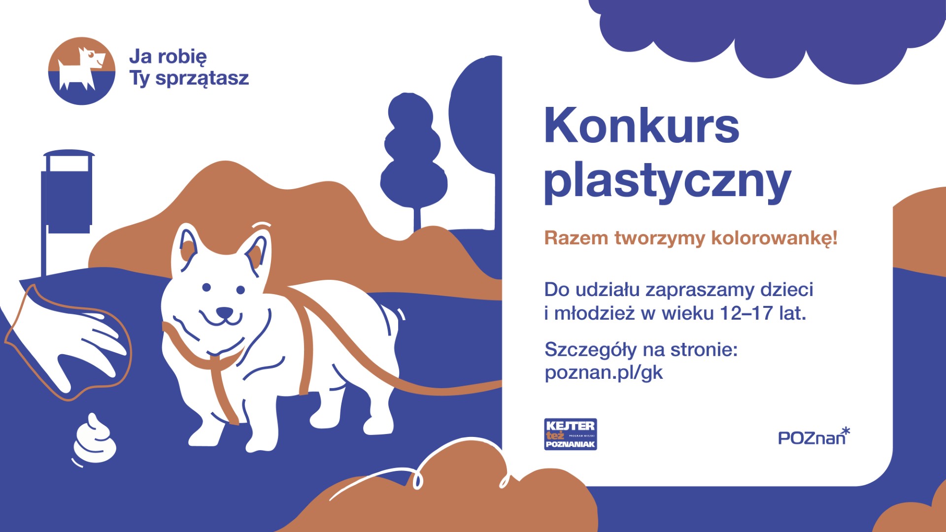 Grafika przedstawia informację o konkursie plastycznym organizowanym przez Wydział Gospodarki Komunalnej, któego tematyka ma zachęcać do dania o czystość przestrzeni publicznej