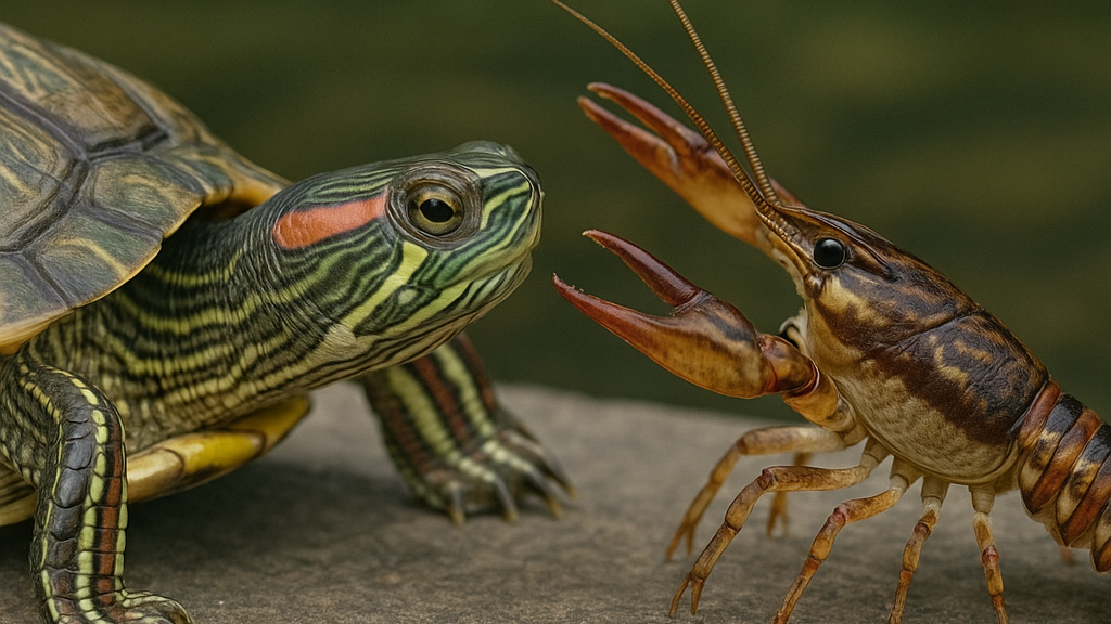 Grafika przedstawia inwazyjne gatunki obce zwierząt - po lewej stronie znajduje się żółw czerwonolicy z charakterystycznym ubarwieniem, czyli żółtymi pasami na całym ciele oraz czerwonymi licami. Po prawej znajduje się rak pręgowaty z charakterystycznymi czerwonymi pręgami na odwłoku